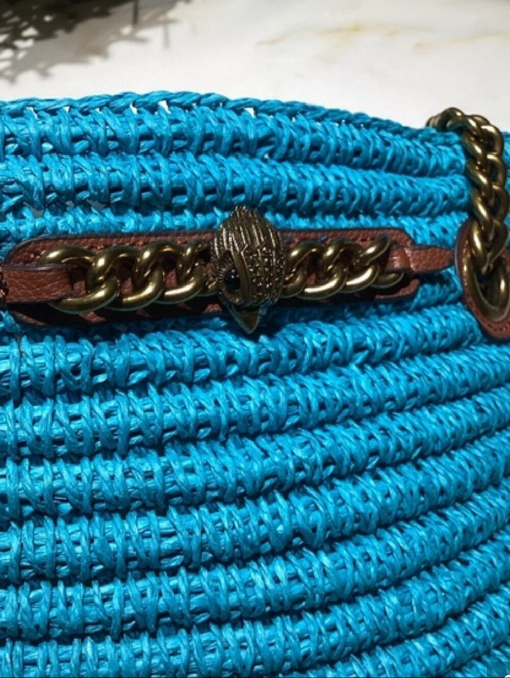 Kurt Geiger Woven Straw Tote Bag in Bright Turquoise with Chain Handle - Picture 3 of 5